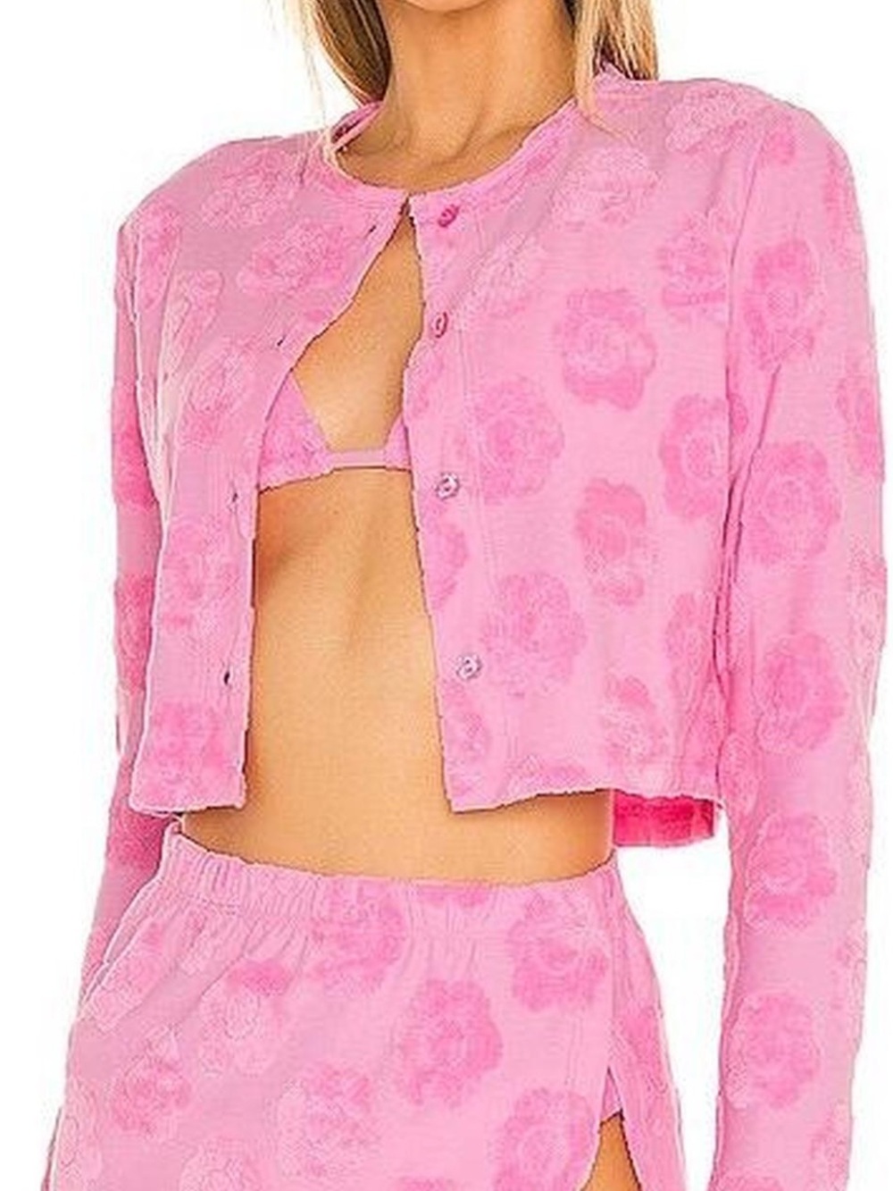 Frankie's Bikinis Hot Pink Floral Terry Cloth Cropped Jacket